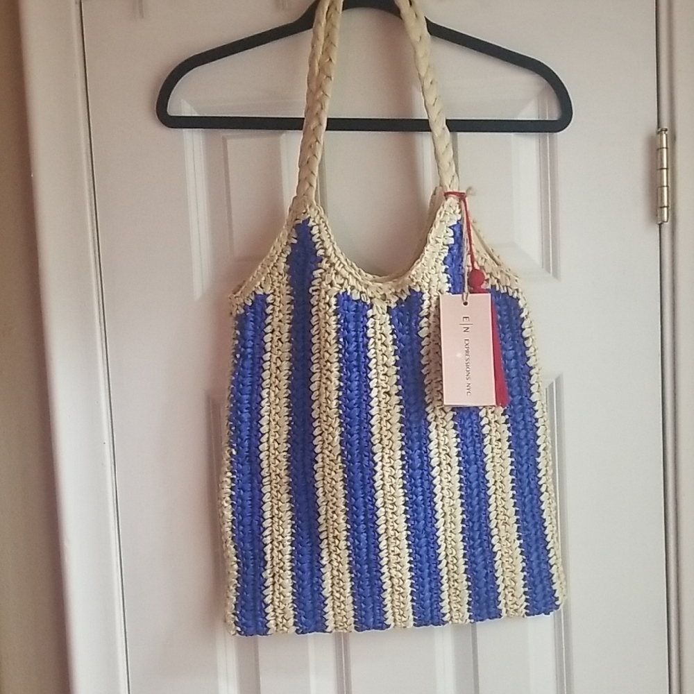 Expressions Royal Blue and Beige Striped Tote With Red Tassel NWT - Picture 4 of 13